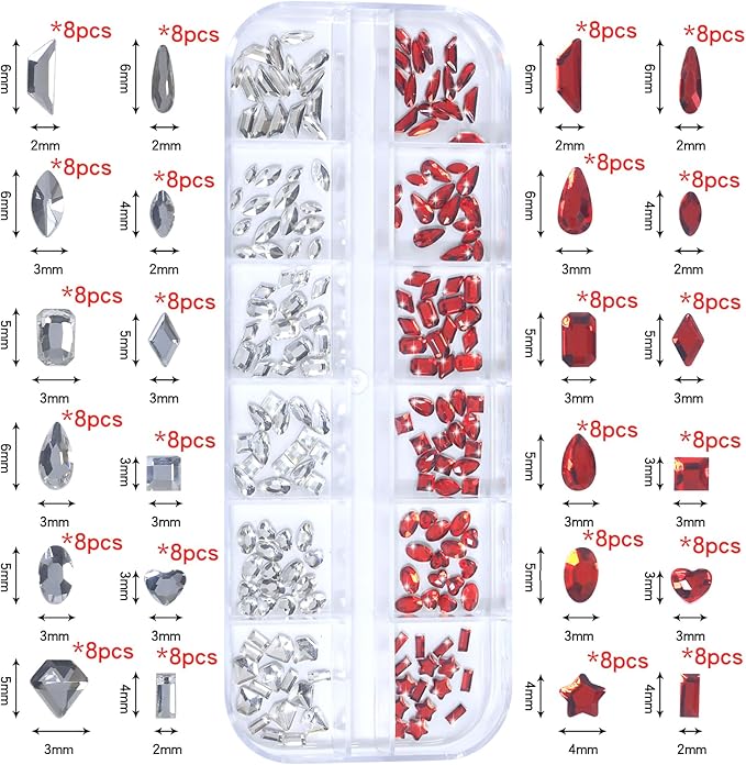 HNUIX Nail Rhinestones for Nails - 3D Multi Shapes, Flat Back, Small Nail Gems, Crystal & Red Nail Diamonds, with Kit, for Nail Art, DIY Decor