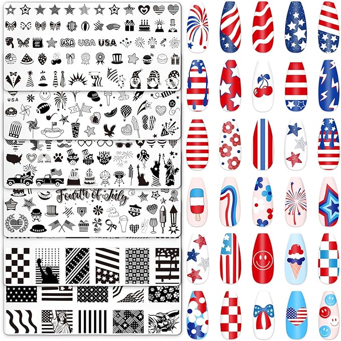 Whaline 6Pcs Patriotic Nail Plates Stamping Set USA Flag Star Stamp Templates 4th of July Nail Art Plates for Independence Day DIY Print Manicure Salon Design