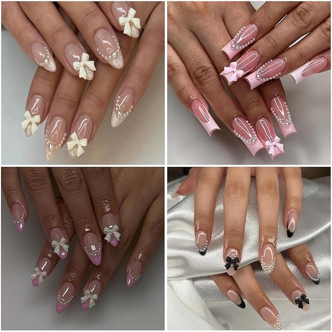 Nail Art Pearls with Glue Gel Flatback Pearls Pink Cream Bow Nail Charms Gold Silver Nails Gems Pearl Accessories for Women Nails Design Decoration Mixed Size 0.04-0.2in