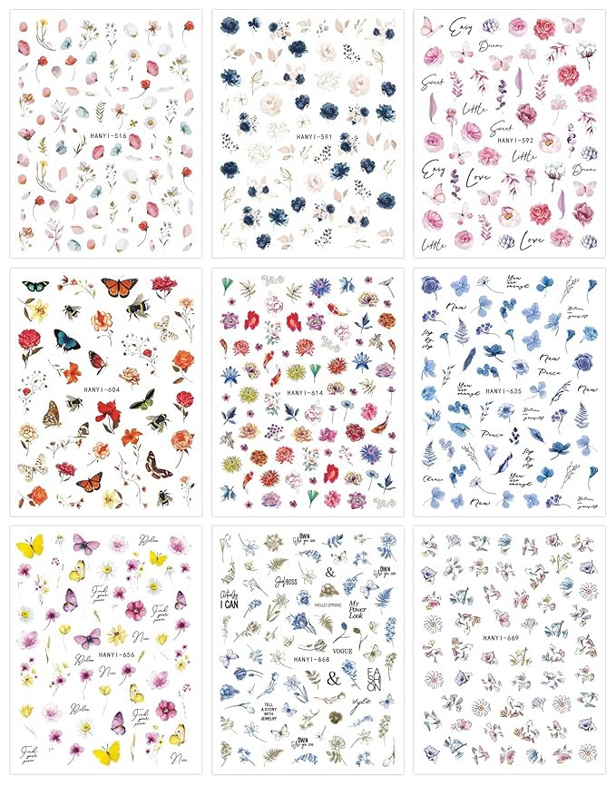 JMEOWIO 9 Sheets Spring Flower Nail Art Stickers Decals Self-Adhesive Pegatinas Uñas Summer Colorful Floral Nail Supplies Nail Art Design Decoration Accessories