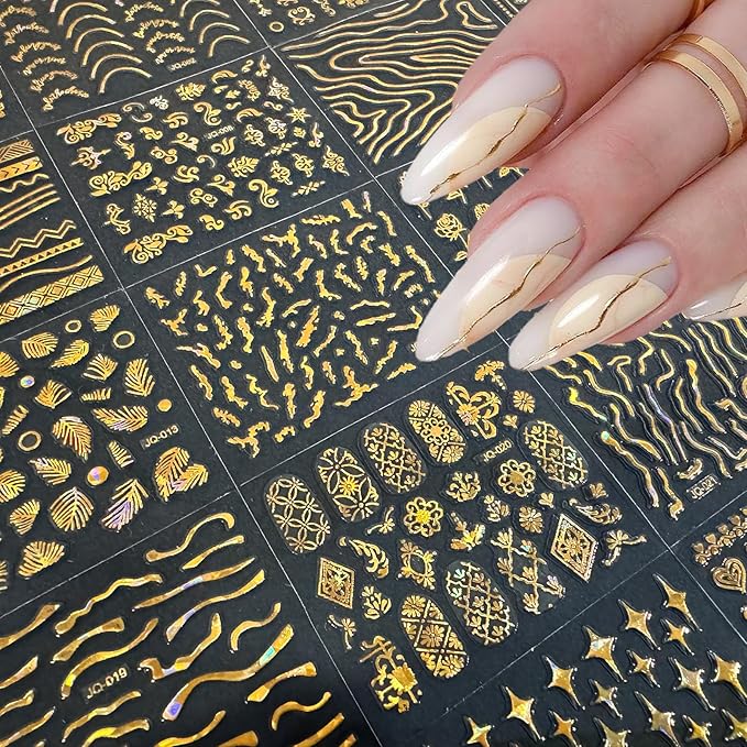 30 Sheets Gold Nail Art Stickers 3D Self-Adhesive Nail Decals Holographic Laser Gold Floral Star Heart Leaf Nail Design Nail Supplies for Women Girls Nail Art Decoration Accessories