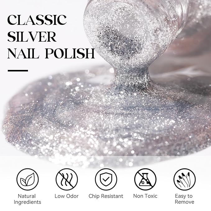 MIZHSE Quick Dry Glitter Nail Polish, Silver Nail Polish Air Dry Fast, 15ml 0.5 fl oz High Glossy Sparkle Shiny Shimmery Chrome Nail Pigment Nail Art Salon Manicure Home