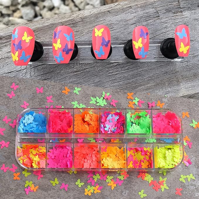 Luminous Butterfly Nail Art Sequins, 3D Butterflies Fluorescence Glitter Flakes-12 Colors Holographic Butterfly Shiny Design Decoration Colorful Confetti Sparkle Supplies Nails Art Accessories