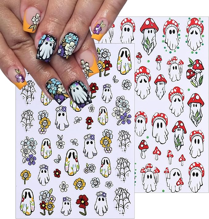 8 Sheets Halloween Nail Art Stickers 3D Self Adhesive Cute Ghost Pumpkin Nail Decals Flower Spooky Mushroom Nail Design Spider Bats Blood Drop Supplies for Women Scary Halloween Manicure Decoration