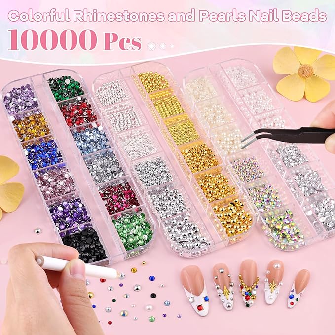 10000Pcs Nail Gems and Rhinestones for Nail Art with Rhinestone Glue, Flatback Nail Pearls and Caviar Nail Beads(Silver+Gold, Colorful Rhinestones Bedazzling Gems Pearl Nail Charms for Nail Design