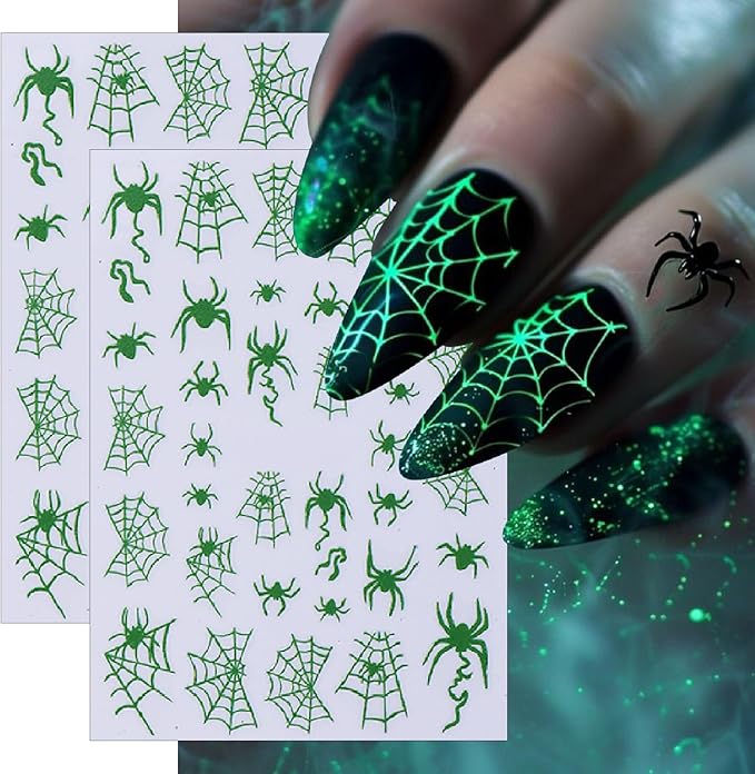 Halloween Luminous Ghost Nail Sticker Luminous Sticker 3D self-Adhesive Horror Skull Spider Web Spider Pattern Design Ladies Girl DIY Halloween Nail Decoration 4 Pictures