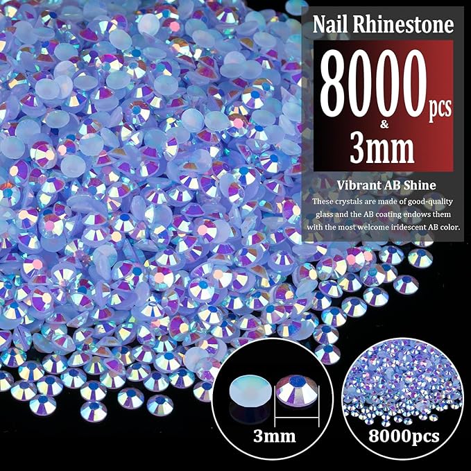 8000pcs 3mm Resin Rhinestones Bulk, Sky Blue AB Flatback Round Jelly Rhinestones Bedazzling Non Hotfix Crystal Gems Large Quantity Wholesale for DIY Crafts Clothes Tumblers Face Makeup Manicure
