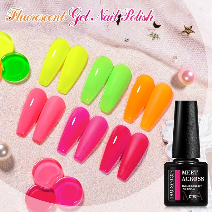 MEET ACROSS Neon Gel Nail Polish Set, Fluorescent Hot Pink Yellow Green Red Spring Summer Nail Polish Kit LED UV Gel Nail Polish Starter Manicure Salon DIY Nail Gel Polish 6 Colors