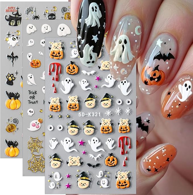 3 Sheets Halloween Nail Stickers 5D Embossed Cute Ghost Nail Art Stickers Self Adhesive Black Cat Spider Web Bat Pumpkin Nails Design Decals Halloween Nails Sticker for Women DIY Manicure Decoration