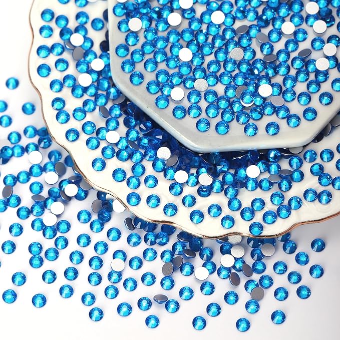 2000PCS Capri Blue Rhinestones Bulk, Flat Back Crystal Glass Stone Round Gems,SS30, 6.4-6.6mm