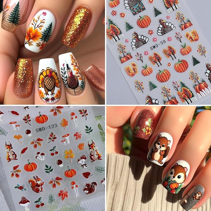 2Sheets Thanksgiving Nail Art Stickers 5D Embossed Squirrel Maple Leaf Nail Decals Self-Adhesive Turkey Pumpkin Designs Nail Sticker Fall Leaves Mushroom Nail Decal for Women DIY Manicure Decoration