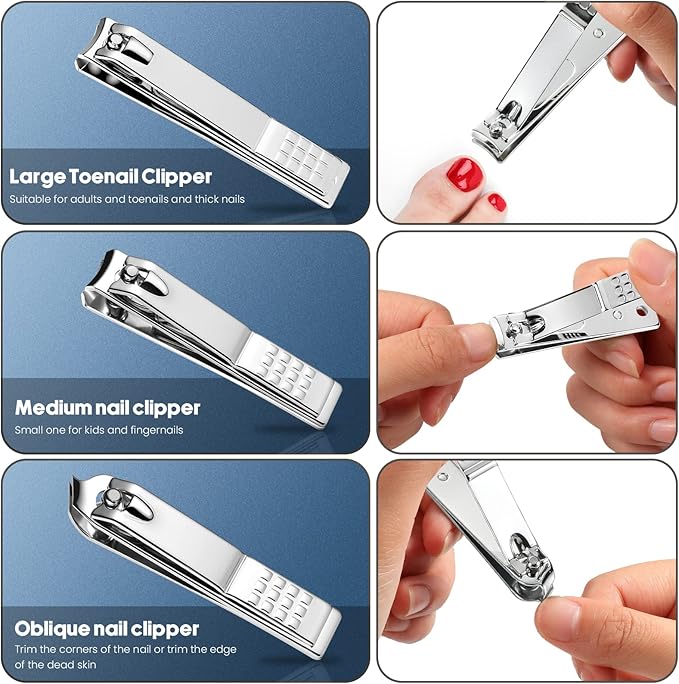 4PCS Professional Nail Clippers Set, Toenail Clippers & Fingernails & Nail File, Silver Nail Cutter, Sharpest Thick Toenail & Ingrown Nail Clipper Set, Best Travel or Home use for Men and Women