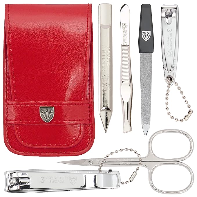 3 Swords Germany - brand quality 6 piece manicure pedicure grooming kit set for professional nail care with red synthetic leather case - Made in Germany