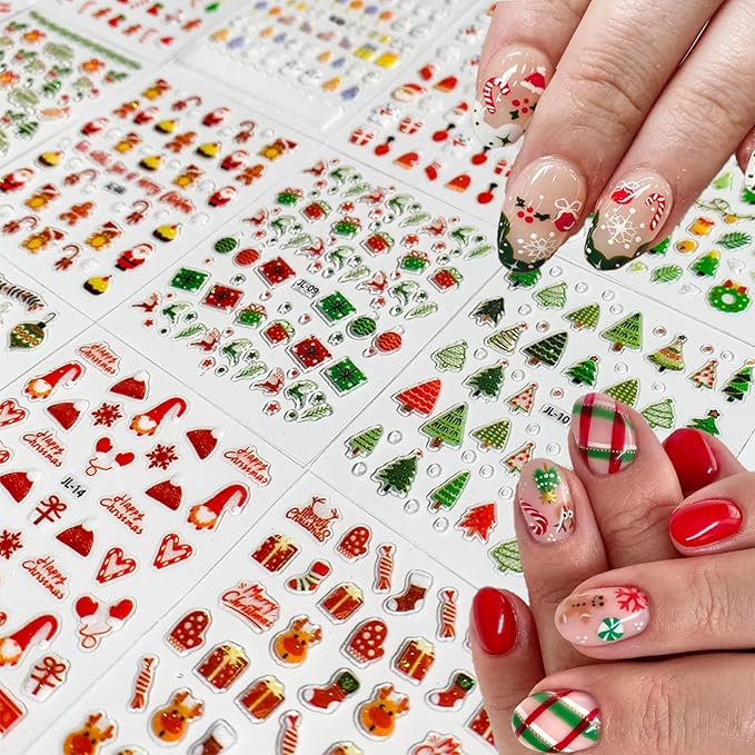 90 Sheets 3D Self Adhesive Nail Decals - Santa Claus, Christmas Tree, Snowflake Nail Art Stickers - Cute Christmas Nail Art Supplies for Women Manicure Decorations