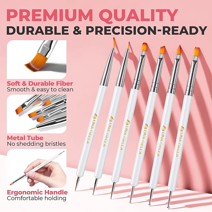 UNA GELLA Nail Art Brushes Set 6PCS White Color Nail Design Painting Brush Set Nail Dotting Tools Double-headed Nail Art Builder Gel Polish Liner Brushes for DIY Nail Drawing Supplies