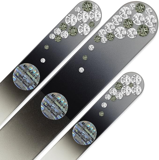 Mont Bleu Set of 3 Glass Nail Files Hand Decorated with Crystals - Handmade Gifts - Czech Tempered Glass - Crystal Nail Files for Natural Nails - Premium Nail Filer Kit