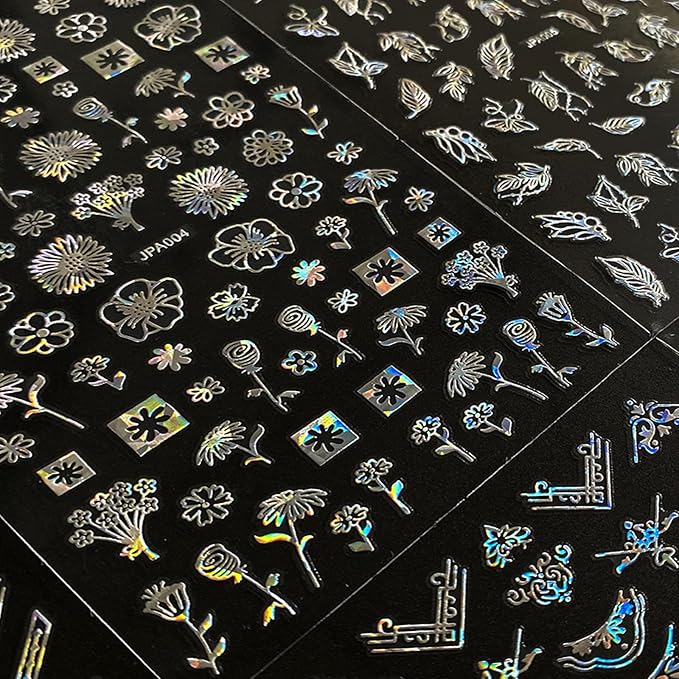 10 Sheets Flower Nail Stickers Silver 3D Self-Adhesive Leaf Art Designs Holographic Laser Manicure Accessories, Style6