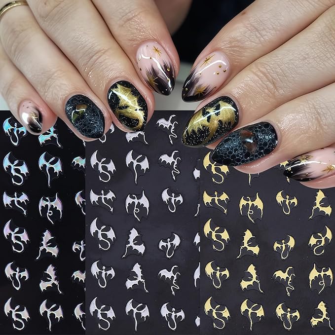 6Pcs Halloween Nail Art Stickers 3D Holographic Flying Dragon Nail Decals Self Adhesive Horror Bat Nail Stickers Gothic Bat Nail Supplies Halloween Holiday Decoration Nails Supply for Women DIY