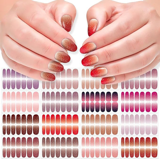 DANNEASY 16 Sheets Nail Polish Stickers Full Nail Wraps for Women Blue Glitter&Solid Color Fingernails Wrap Self Adhesive Nail Polish Strips Gel Nail Strips with Nail File, Cuticle Stick