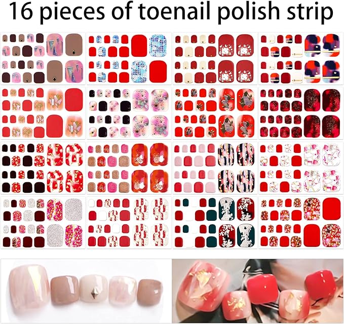 DANNEASY 16 Sheets Toe Nail Stickers Full Nail Wraps for Women Red Glitter Toenail Polish Strips Self Adhesive Toes Nail Polish Stickers Manicure Sticker with File, Cuticle Stick