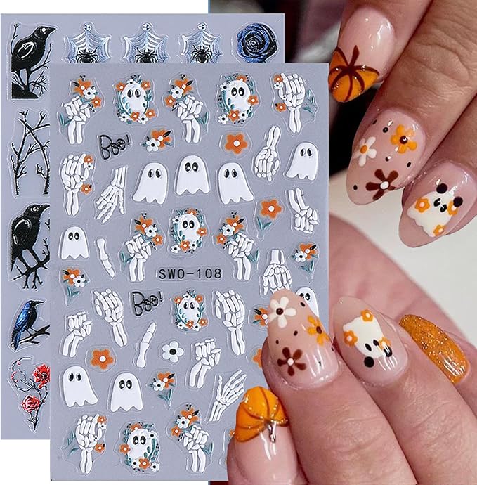 2 Sheets Halloween Nail Art Stickers Decals 5D Embossed Skeleton Rose Nail Decals Black Birds White Ghost Flower Skull Rose Design Halloween Nail Stickers Manicure Accessories for Women Nail Art Decor