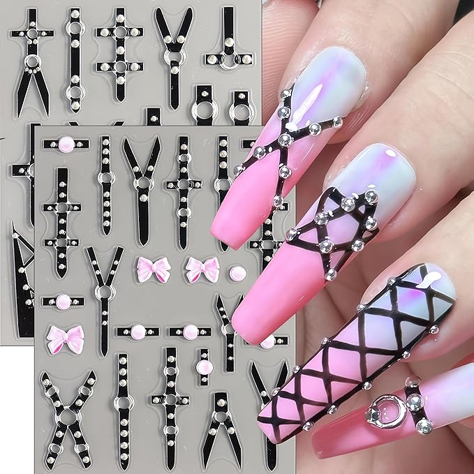 2 Sheets Black Punk Belt Nail Stickers Decals Y2K Relief Punk Nail Art Stickers 5D Embossed Leather Belt Nail Decals Black Silver Goth Belts Pink Bow Nails Design Nail Supplies for Women Manicure