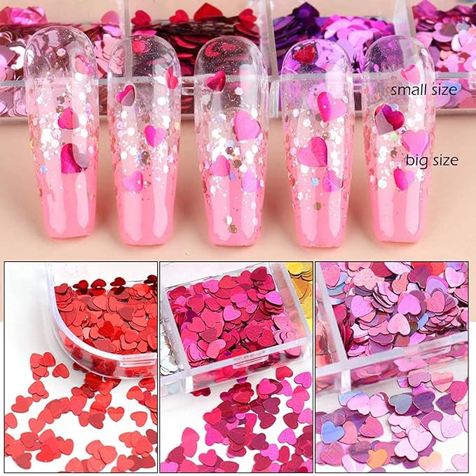 12 Colors Heart Holographic Nail Glitter Sequin Accessories Colorful 3D Heart Nail Flakes Powder UV Gel Polish Acrylic Design for Women Girls Manicure Tips False Nails Supplies Kit Decorations