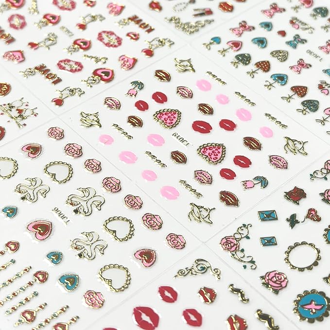 30 Sheets Valentine's Day Nail Art Stickers Red Heart Nail Decals 3D Self-Adhesive Rose Lip Kiss Nail Supplies DIY Acrylic Nails Decoration Accessories for Women and Girls