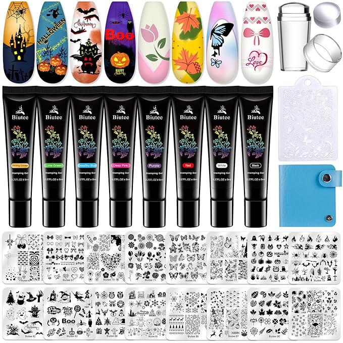 Biutee Nail Stamper Kit 16Pcs Nail Art Stamping Plate 8 Colors Stamp Polish Gel Silicone Stamper Scraper with Storage Bag, Nail Stamp Plates Love Flower Butterfly Leaf Template Halloween Design Gift