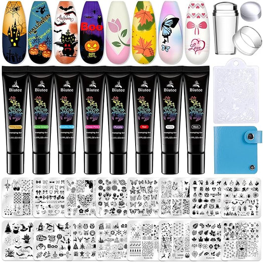 Biutee Nail Stamper Kit 16Pcs Nail Art Stamping Plate 8 Colors Stamp Polish Gel Silicone Stamper Scraper with Storage Bag, Nail Stamp Plates Love Flower Butterfly Leaf Template Halloween Design Gift