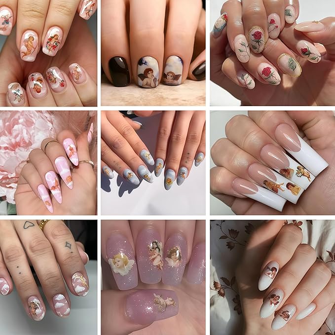 8 Sheets Angel Nail Art Stickers 3D Self-Adhesive Cupid Angel Rose Flowers Wings Heart Design Stickers Decals Valentine's for Women Acrylic DIY Manicure Salon Decoration Kits