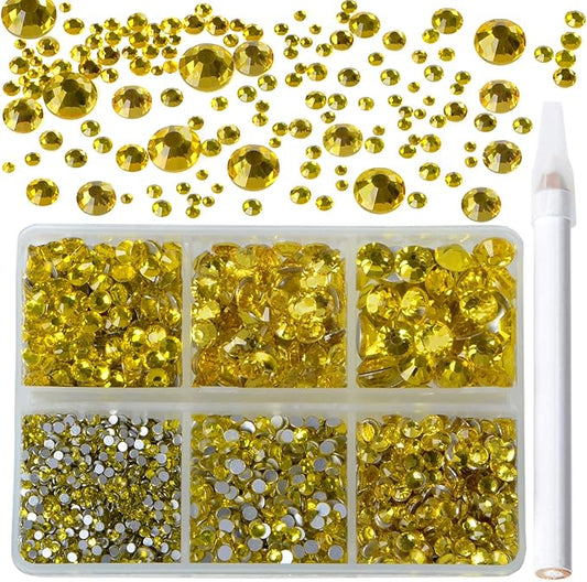Bymitel 5000 Pieces 6 Mixed Sizes Glue Fix on Glass Rhinestones Round Crystal Gems Flatback for DIY Jewelry Making with one Picking Pen (6-Sizes 5000PCS, Citrine)