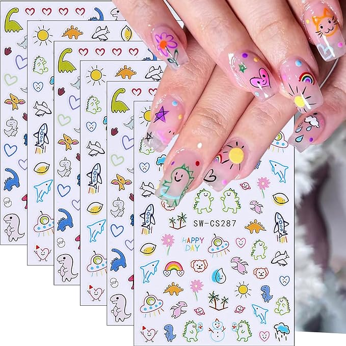 6Pcs Cute Dinosaur Nail Art Stickers 3D Self Adhesive Kawaii Nail Decals Cute Nail Stickers Colorful Animal Aircraft Summer Nail Design Sticker Heart Nail Art Supplies for Women Manicure Accessories