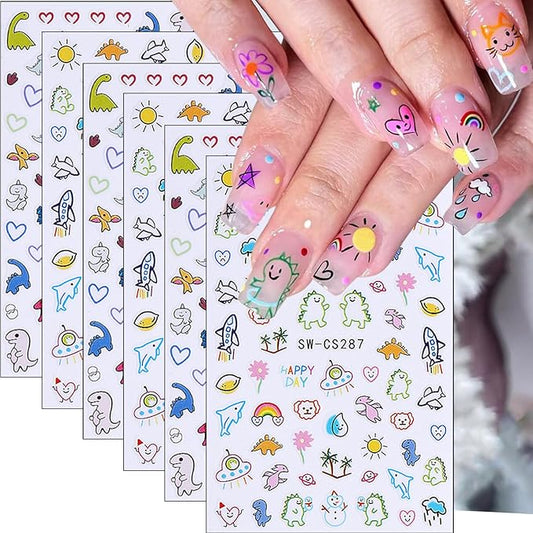 6Pcs Cute Dinosaur Nail Art Stickers 3D Self Adhesive Kawaii Nail Decals Cute Nail Stickers Colorful Animal Aircraft Summer Nail Design Sticker Heart Nail Art Supplies for Women Manicure Accessories