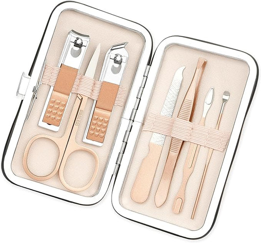 Christmas Gifts Nail Clippers Manicure Set Nail Tools Pedicure Supplies Christmas Stocking Stuffers for Women Fingernail Toenail Clippers 8 in 1 Pednicure Tools Rose Gold with Leather Travel Case