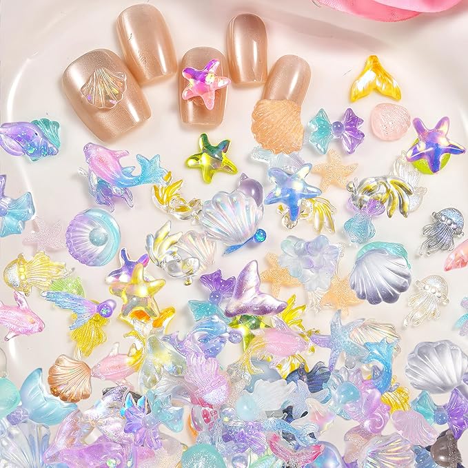 100PCS Summer Beach Nail Resin Charms Summer Ocean Theme Nail Rhinestone Diamonds 3D Starfish Charms for Nails Sea Shell Starfish Dolphin Fishtail Nail Gem for Women Nail Supplies Manicure Decoration