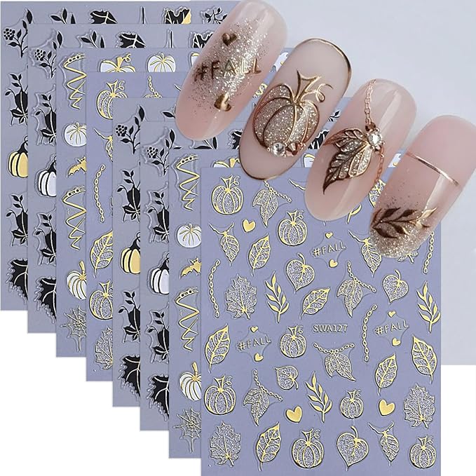 Halloween Nail Stickers Spooky Pumpkins Ghost Nail Decals 8PCS Self-Adhesive Shiny Leaf Pumpkins Bat Spider Web Nail Design Supplies Slider Manicure Accessories Charms Fall Nail Art Stickers for Women