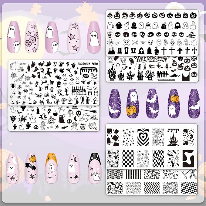 Whaline 6Pcs Halloween Nail Plates Stamping Set Pumpkin Ghost Skull Stamp Templates Nail Art Plates for DIY Print Manicure Salon Design Gift