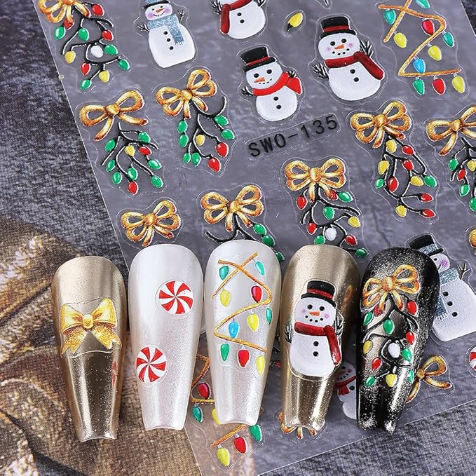5Pcs Christmas Nail Stickers 5D Christmas Tree Snow Man Nail Decals DIY Self Adhesive Bow Light Cute Snowman Nail Design 3D Nail Decoration Supplies Holiday Manicure Accessories for Women Girls