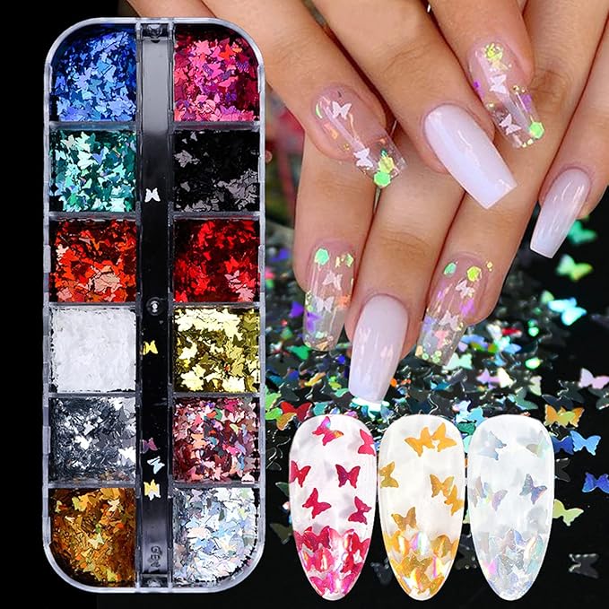 12 Colors Butterfly Nail Art Stickers Butterflies Nail Glitter Sequins 3D Art Accessories Butterfly Shape Flakes Powder Holographic Gold Red Pink Butterflies Sequins Design Acrylic Nails Supply Kit
