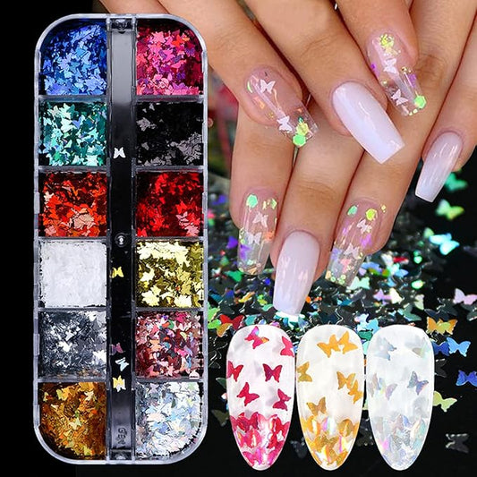 12 Colors Butterfly Nail Art Stickers Butterflies Nail Glitter Sequins 3D Art Accessories Butterfly Shape Flakes Powder Holographic Gold Red Pink Butterflies Sequins Design Acrylic Nails Supply Kit