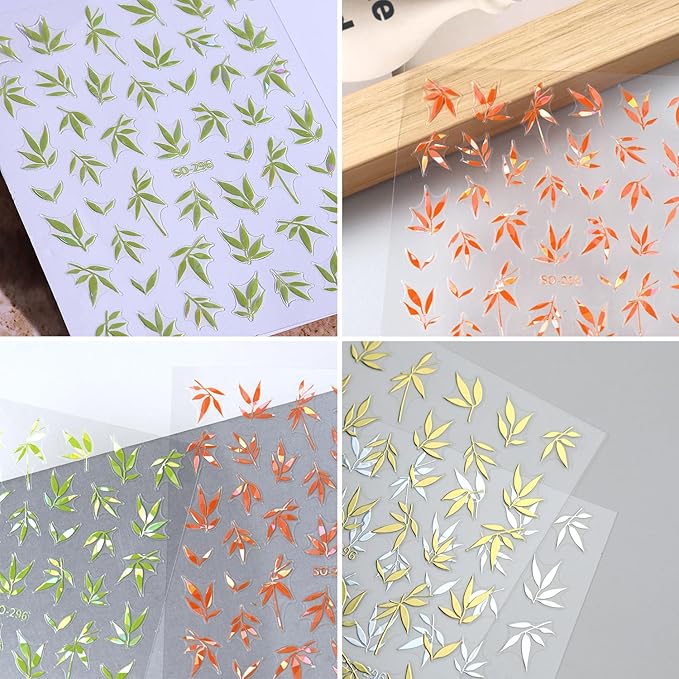 5Sheets 3D Self-Adhesive Gold Silver Bamboo Leaves Nail Art Stickers Chinese Style Designs Nail Decals Blue Green Bamboo Leaf Nail Stickers Orange Leaves Nail Decal for Women Nail Decoration Supplies