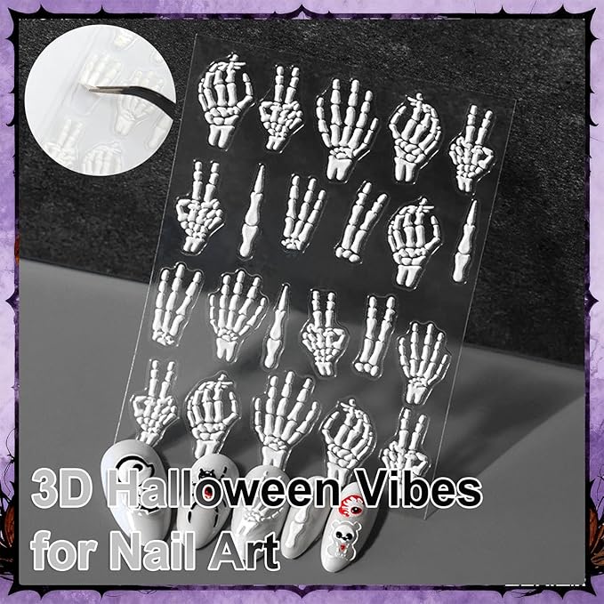Allstarry Halloween Nails Stickers, 6 Sheets Halloween Nail Decals 5D Embossed Bone Skeleton Skull Spider Ghostface Ghost Nail Stickers Spooky Horror Nails Decals for Women Gifts Nail Art