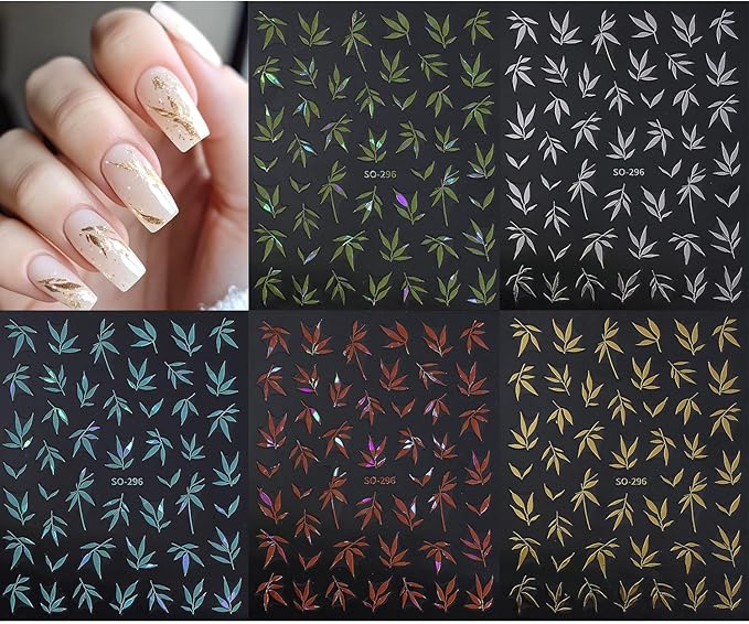 5Sheets 3D Self-Adhesive Gold Silver Bamboo Leaves Nail Art Stickers Chinese Style Designs Nail Decals Blue Green Bamboo Leaf Nail Stickers Orange Leaves Nail Decal for Women Nail Decoration Supplies