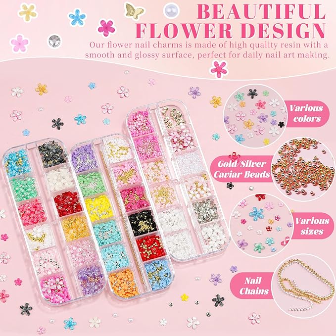 3 Boxes 3D Flower Nail Charms and Gems - Colorful Nail Flower & Metal Butterfly Charms Clear Rhinestones Gemstones Silver/Gold Caviar Beads White Pearls with Nail Chain for DIY Nails (14-S3-Mixed3)
