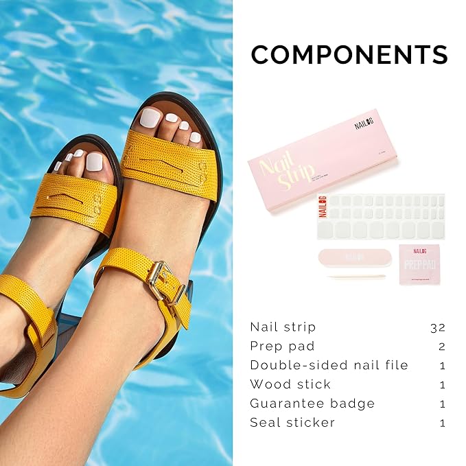 NAILOG Semi Cured Gel Nail Strips, Toe Nail Polish Strips with Glossy Gel Finishing | Buy 2 Get 1 UV Lamp| 32 Pieces Long Lasting Pedi Stickers | Pearl White