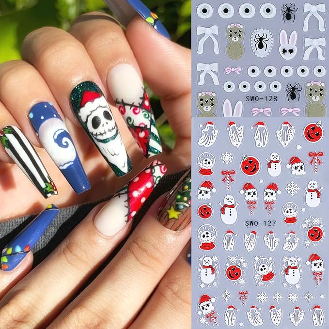2Sheets Halloween Nail Art Stickers 5D Embossed Evil Snowman Ghost Designs Nail Decals Self-Adhesive Skull Pumpkin Nail Stickers Litter Bear Eye Nail Decal Spider Nail Sticker for Women Nails Decor