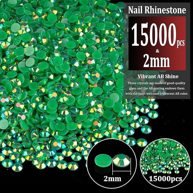 15000pcs 2mm Resin Rhinestones Bulk, Dark Green AB Flatback Round Jelly Rhinestones Bedazzling Non Hotfix Crystal Gems Large Quantity Wholesale for DIY Crafts Clothes Tumblers Face Makeup Manicure