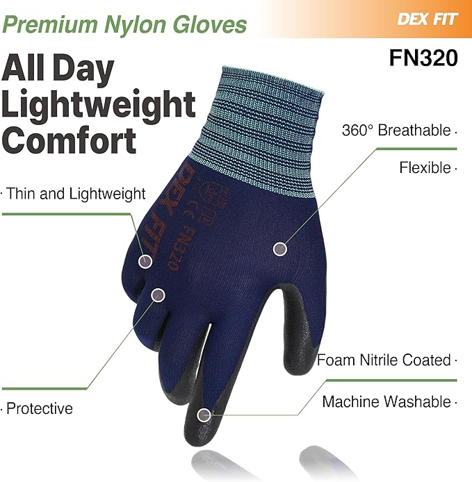 DEX FIT Premium Nylon Work Gloves FN320 - Firm Nitrile Grip, 3D-Comfort Stretchy Fit, Thin & Lightweight, Protective & Durable, Breathable, Machine Washable; Navy 6 (XS) 3 Pairs
