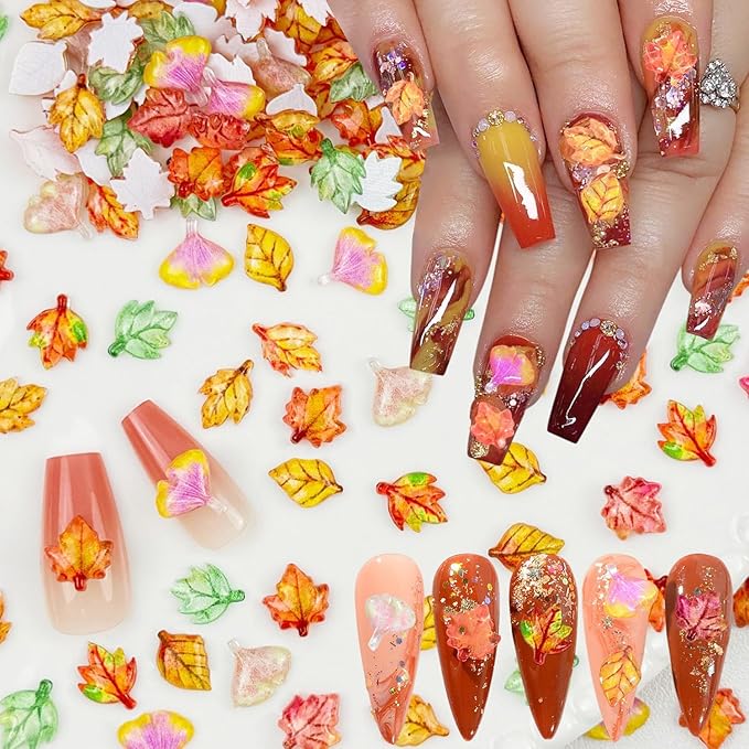 Thanksgiving Autumn Nail Charms and Gems 3D Fall Maple Leaf Nail Rhinestones Jewelry Supply Thanksgiving Maple Leaves Nail Charms for Women DIY Manicure Autumn Holiday Nails Decoration Supply